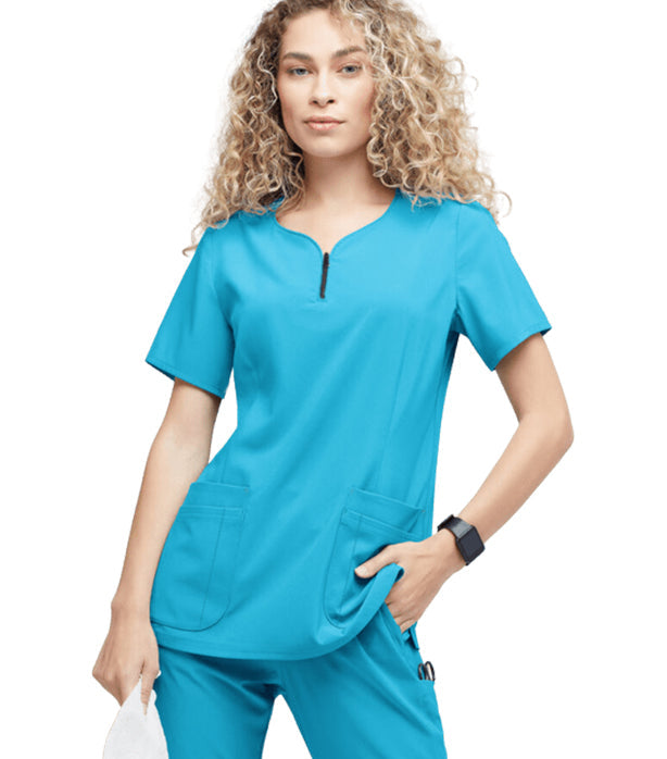 Poplin Women's Scrub Top 4-Pocket Curved Neck with Zip in Poplin Fabric