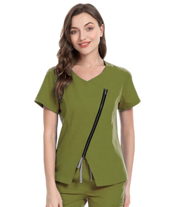 Poplin Women’s Scrub Top Diagonal Zipper V Neck Half Sleeves